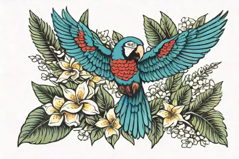 frangipani macaw flying away tattoo design idea