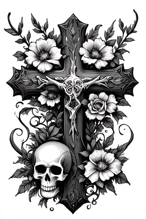 cross with flowers and vines and a skull surrounded tattoo design idea