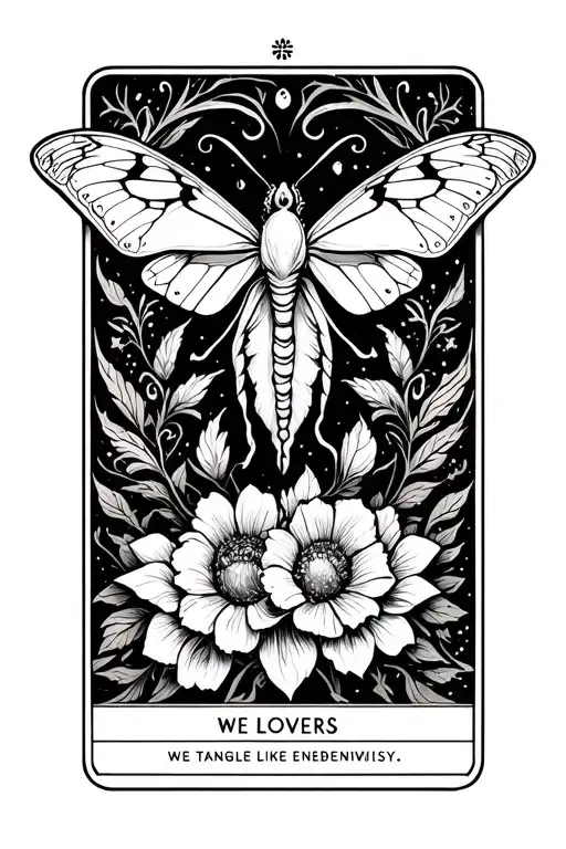 Sleep Token; The lovers tarot card, "we tangle endlessly like lovers entwined", moth, sleep token logo, floral work  tattoo design idea