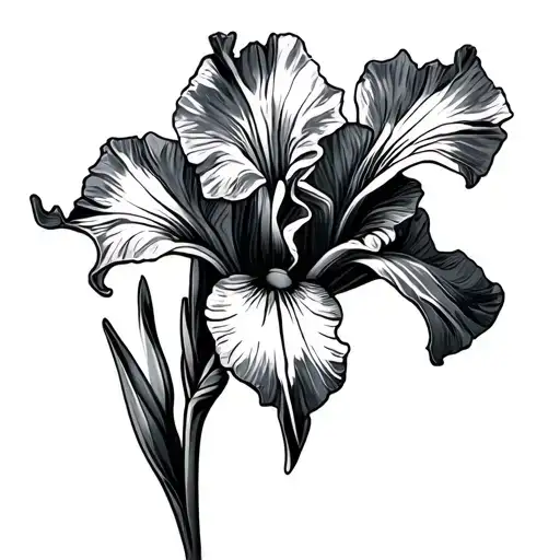 semicircle in which 1 end runs in a point. There an iris flower. The flower in full color, the rest black tattoo design idea