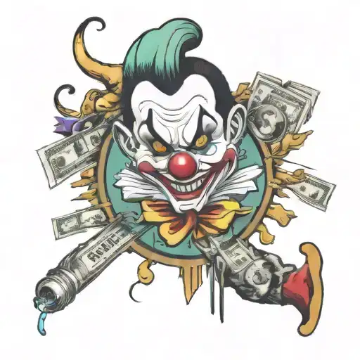 sleeve tattoo for hand with rolls of money the word hustle in bold a  and evil clowns  tattoo design idea