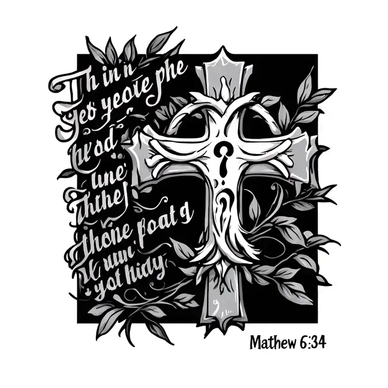 thin l is cross with verse Matthew 6:34 tattoo design idea
