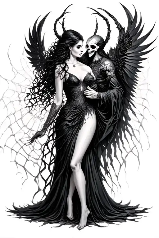 Arachne, vampire goddess, and Azrael, Grim Reaper, intertwined in a delicate, whimsical dance. Arachne's ethereal beauty tattoo design idea