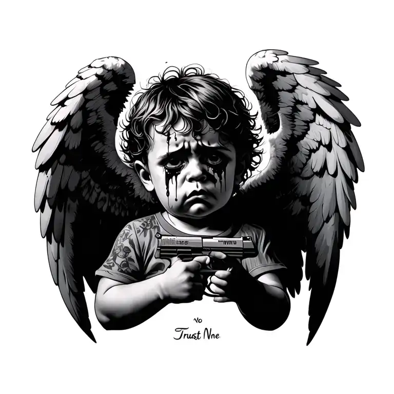 Sad baby angel with messy hair, holding two pistols, black tears on his face, text "Trust No One" on the chest, wings on tattoo design idea