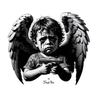 Sad baby angel with messy hair, holding two pistols, black tears on his face, text "Trust No One" on the chest, wings on tattoo design idea