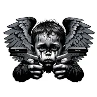 Sad baby angel with messy hair, holding two pistols, black tears on his face, text "Trust No One" on the chest, wings on tattoo design idea