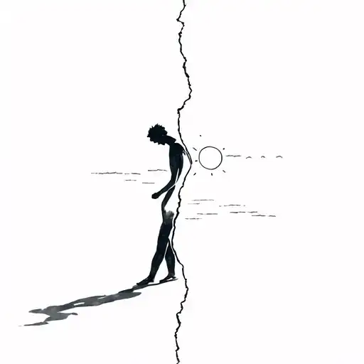 Single person split in two with one part chasing their shadow on the ground and the other chasing the sun in the sky tattoo design idea