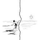 Single person split in two with one part chasing their shadow on the ground and the other chasing the sun in the sky tattoo design idea