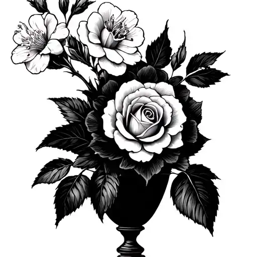Intertwined rose,cherry blossom and primrose flower in a vase tattoo design idea