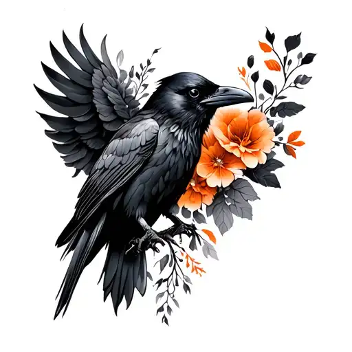raven with black and orange florals  tattoo design idea