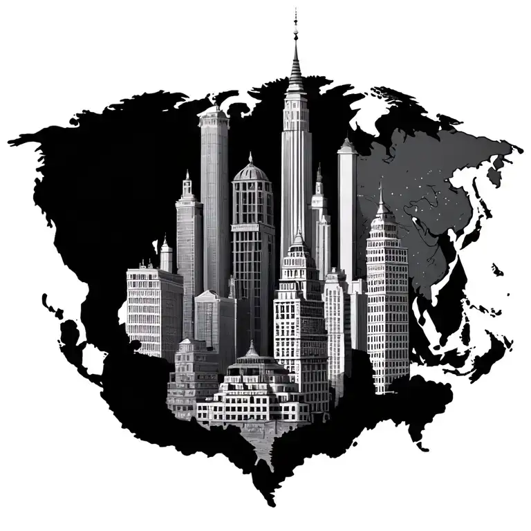 I want to design a tattoo on my back with buildings representing Asia, Europe, South America, North America  tattoo design idea