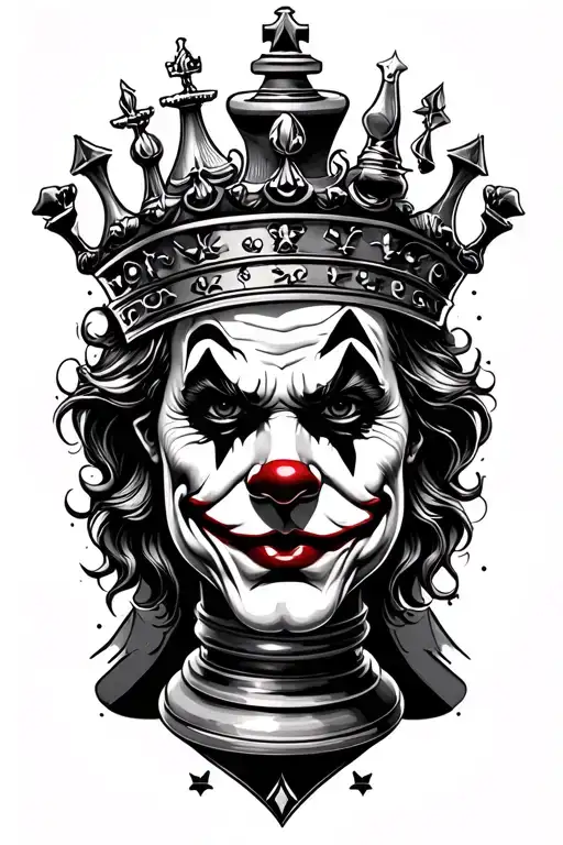 Create me a tattoo design of a King chess piece as the main part with a joker clown face and gangster face inside it  tattoo design idea