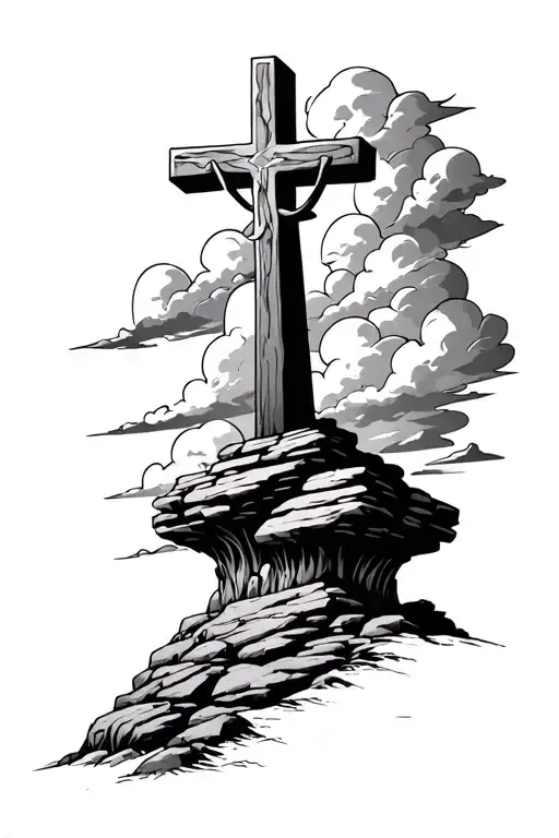 cross on a rocky hill with clouds in sky tattoo design idea