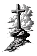 cross on a rocky hill with clouds in sky tattoo design idea