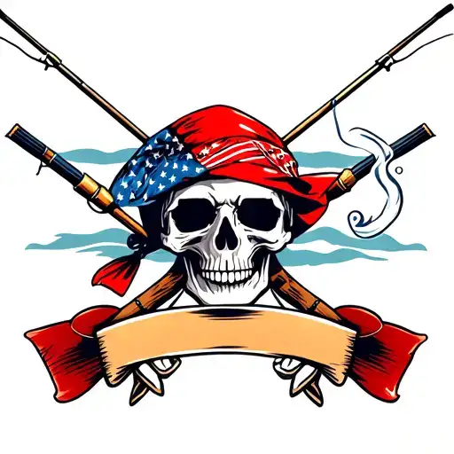 Smoking skull with american bandana with fishing poles tattoo design idea