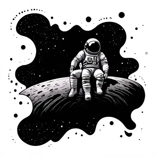 Make me a tattoo with an astronaut sitting on a black hole in space, looking into the dark expanse of space. I want the  tattoo design idea
