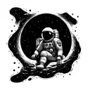 Make me a tattoo with an astronaut sitting on a black hole in space, looking into the dark expanse of space. I want the  tattoo design idea