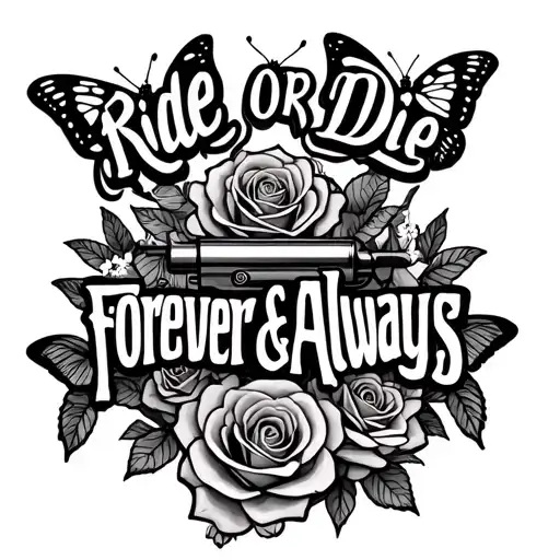 "Ride Or Die Forever & Always" PATRICK WITH ROSES BUTTERFLIES GUNS AND ROSES tattoo design idea