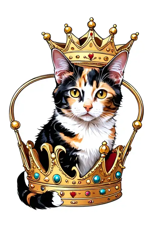 "Purrella on top of the  crown " "Purrella on top of the  crown " "Purrella on top of the  crown " Calico cat sitting inside a queen crown with a princess crown slipping off her head because of her big ears  tattoo design idea