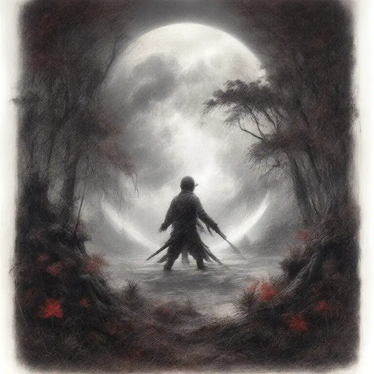 massive forest landscape with huge moon in the background and ninja with red flowers tattoo design idea