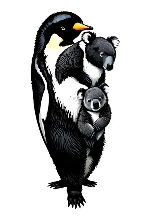 mama polar bear with baby polar bear, emperor penguin with a baby koala. cartoon style tattoo design idea