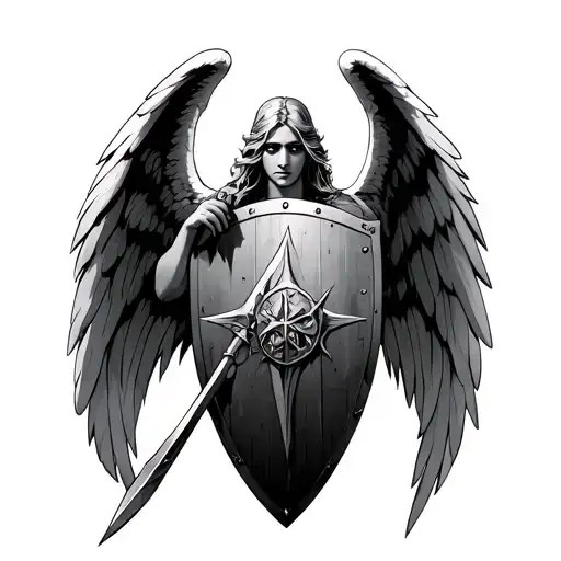 powerful angel using spear to pierce a shield tattoo design idea