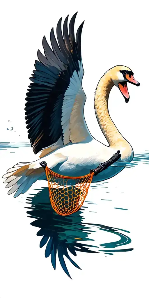 The tattoo depicts a graceful swan flying over the water or soaring in the sky. In its beak or paws, there is a net (fis tattoo design idea