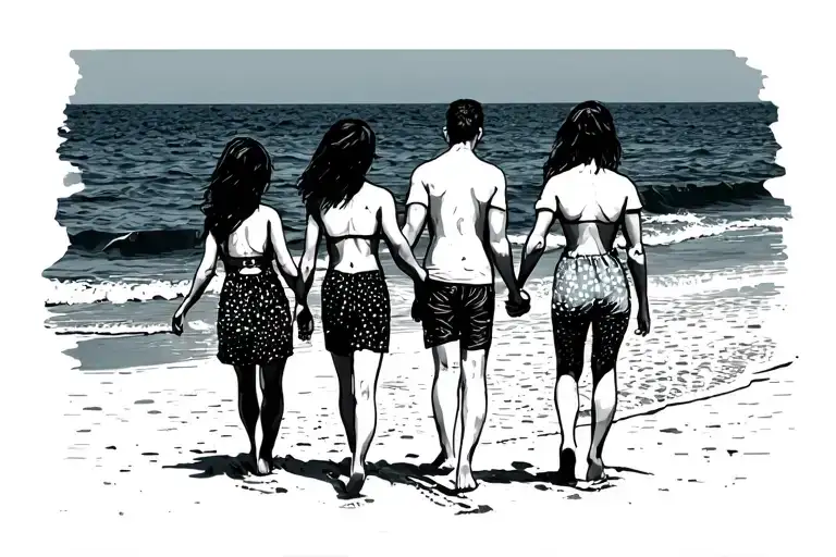 3 daughters and a dad walking along a beach holding hands tattoo design idea