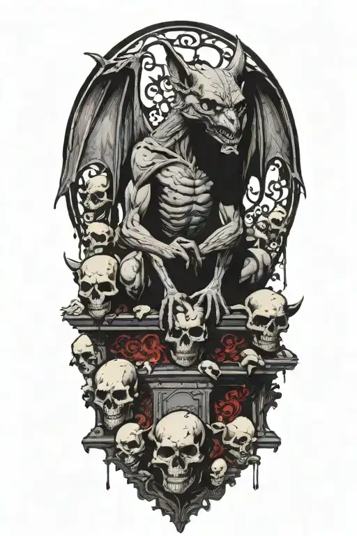 A bat gargoyle covered in blood. Standing on a pile of small skulls. Temple of Sharr, Myrkul, occultism, tortured souls tattoo design idea