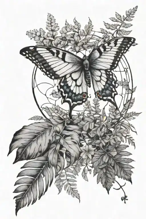 moon phases above a luna moth surrounded by vining ferns and lavendar sprigs tattoo design idea