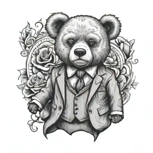 A Teddy bear in a suit x eye surrounded tattoo design idea