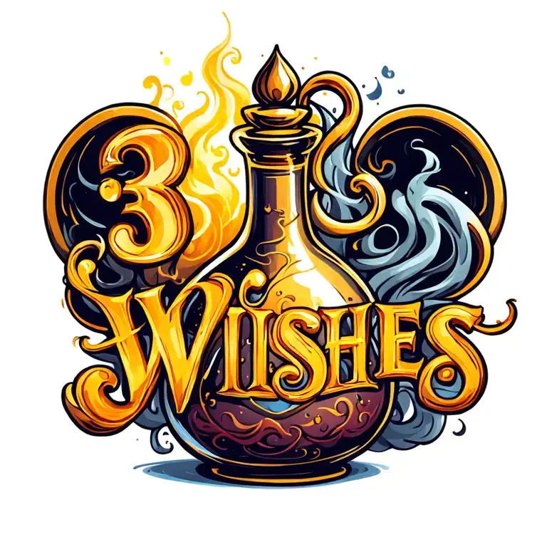 "3 Wishes" genie bottle smoke tattoo design idea