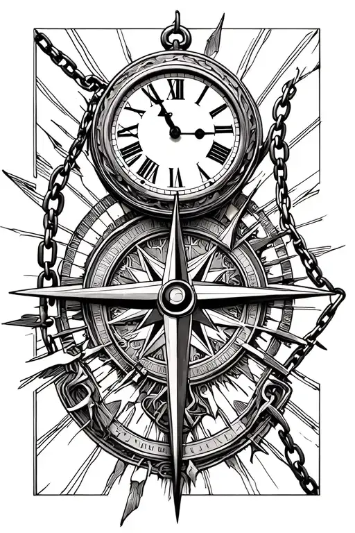 a broken clock and a broken compass connected by a chain tattoo design idea