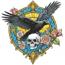 raven flying with a skull with mushrooms and roses bottom border with blue stained glass background tattoo design idea