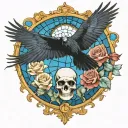 raven flying with a skull with mushrooms and roses bottom border with blue stained glass background tattoo design idea