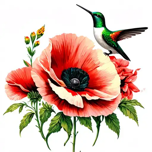 hummingbird and poppy flowers with Gladiola's tattoo design idea