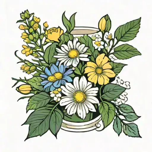 simple aster flower, primroses, and honeysuckle flowers with minimal greenary in a vase tattoo design idea