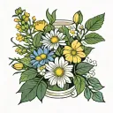 simple aster flower, primroses, and honeysuckle flowers with minimal greenary in a vase tattoo design idea