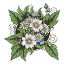 simple aster flower, primroses, and honeysuckle flowers with minimal greenary in a vase tattoo design idea