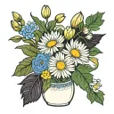 simple aster flower, primroses, and honeysuckle flowers with minimal greenary in a vase tattoo design idea