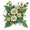 simple aster flower, primroses, and honeysuckle flowers with minimal greenary in a vase tattoo design idea