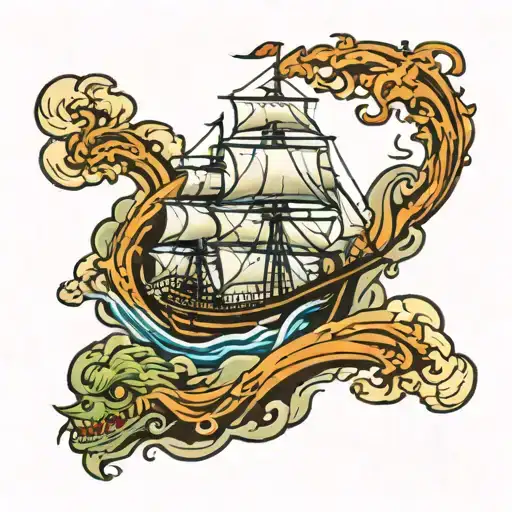 ship sailing through stormy seas Sea monster tattoo design idea