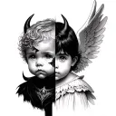 child , withba half devil face , and a half angel tattoo design idea
