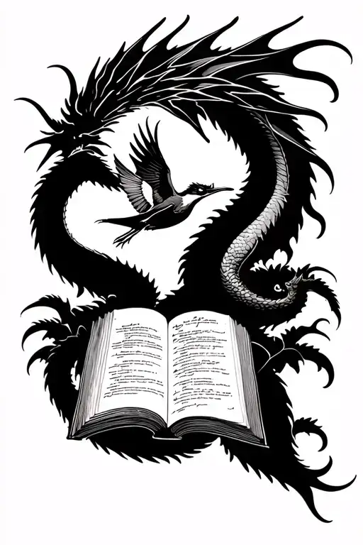 realistic dragon with book open and a kingfisher flying upward  tattoo design idea
