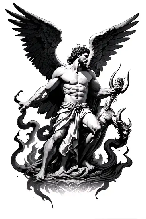 archangel michael defeating satan hell tattoo design idea