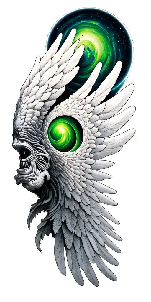 wing spread world 2 rocks a spiral black hole alien beings green face  tattoo design idea