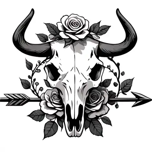 arrow behind cow skull and rose and vine wrapped around arrow tattoo design idea