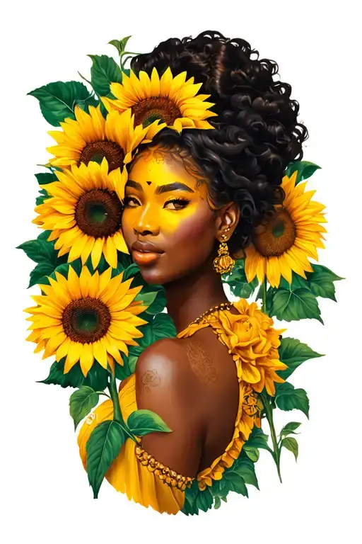 Oshun with sunflowers and mirror tattoo design idea