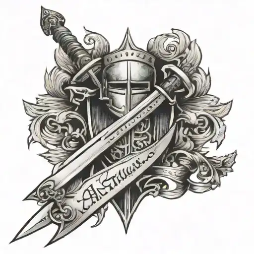 a knight longsword with "arthur" written on the blade and a crown above the hilt tattoo design idea