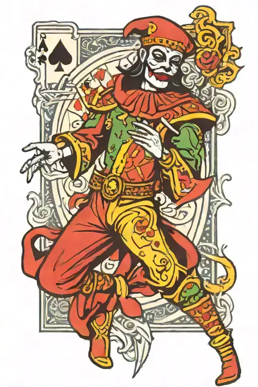 karma tarrot card, a jester and gaming symbols tattoo design idea